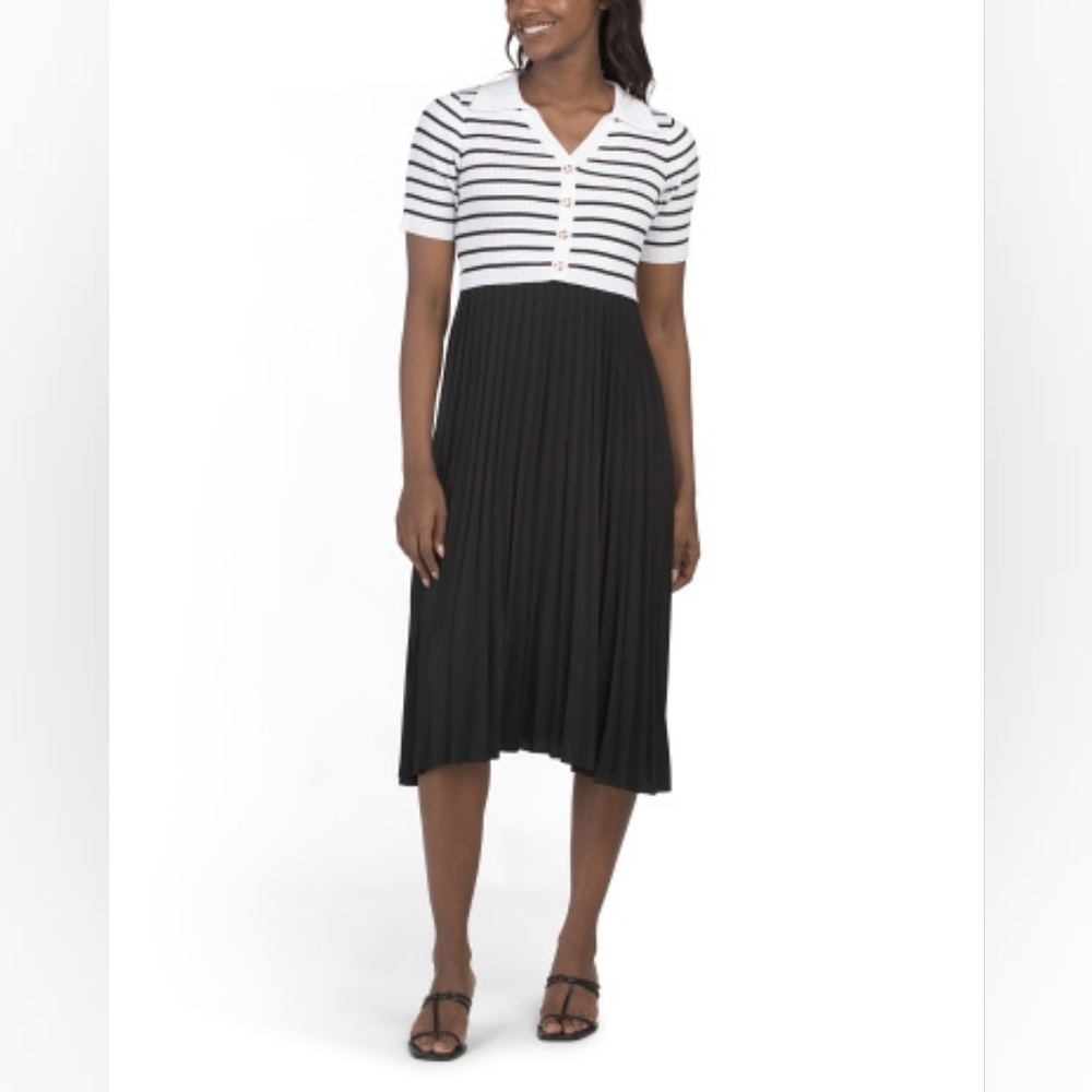 NWT - Nanette Lepore Knit B & W Striped Bodice with Black Pleated Skirt -Size XL